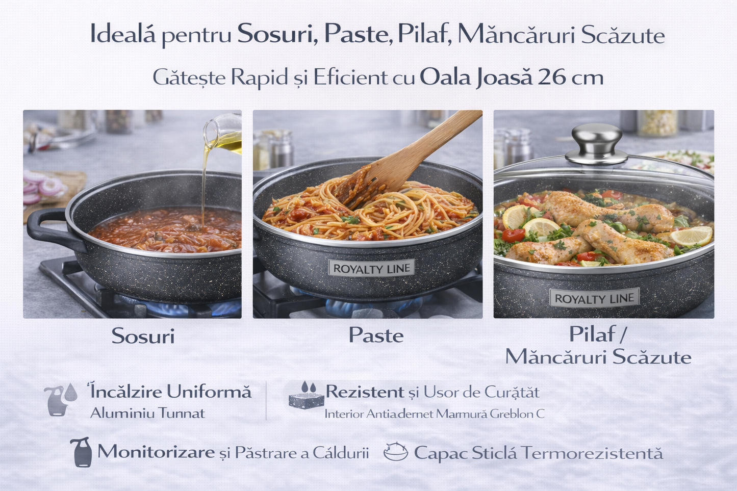 Oala Joasa din Aluminiu Turnat 26 cm, 3L, Capac Sticla, Royalty Line