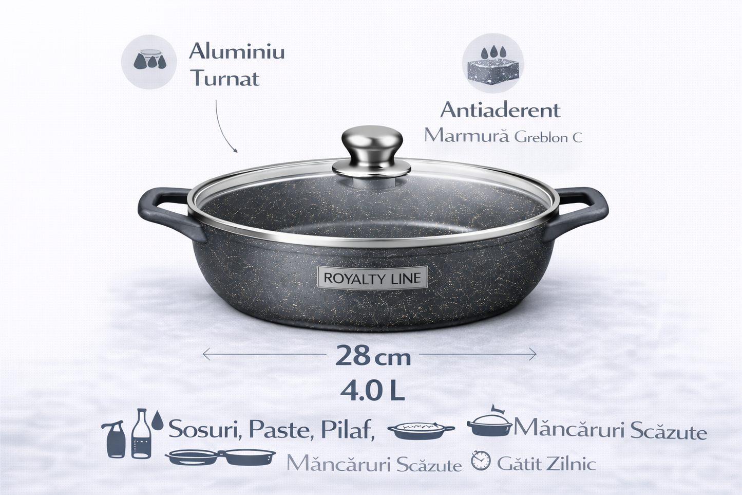 Oala Joasa din Aluminiu Turnat 28 cm, 4L, Capac Sticla, Royalty Line