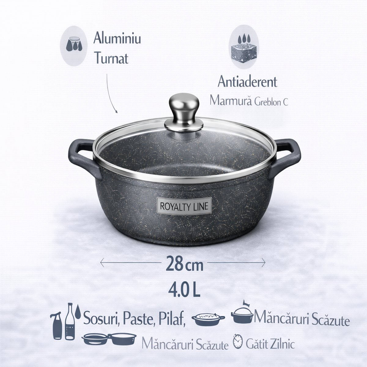 Oala Joasa din Aluminiu Turnat 28 cm, 4L, Capac Sticla, Royalty Line