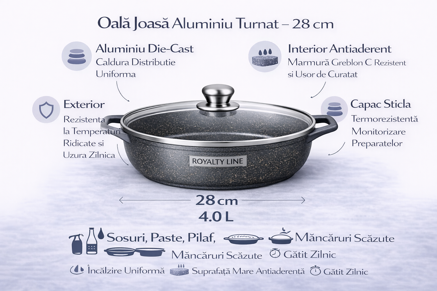 Oala Joasa din Aluminiu Turnat 28 cm, 4L, Capac Sticla, Royalty Line