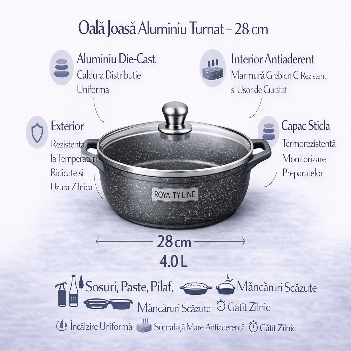 Oala Joasa din Aluminiu Turnat 28 cm, 4L, Capac Sticla, Royalty Line