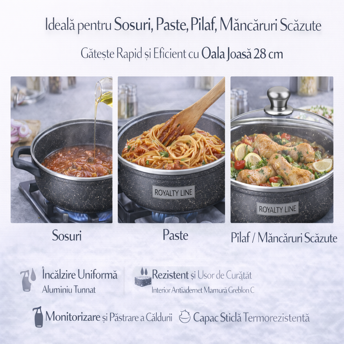 Oala Joasa din Aluminiu Turnat 28 cm, 4L, Capac Sticla, Royalty Line