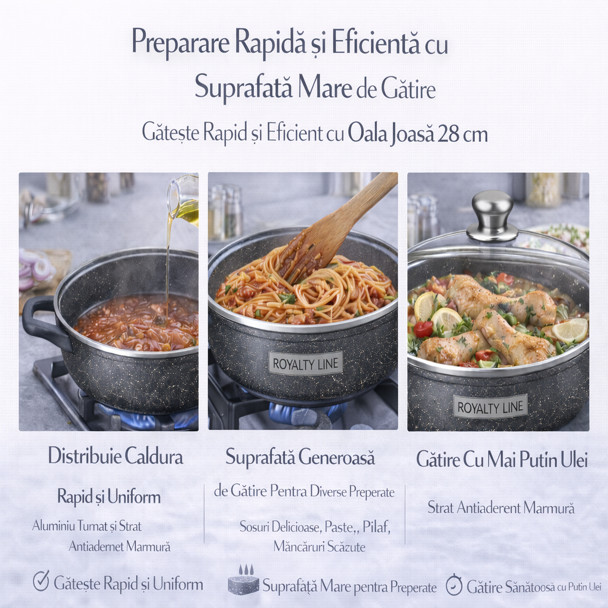 Oala Joasa din Aluminiu Turnat 28 cm, 4L, Capac Sticla, Royalty Line