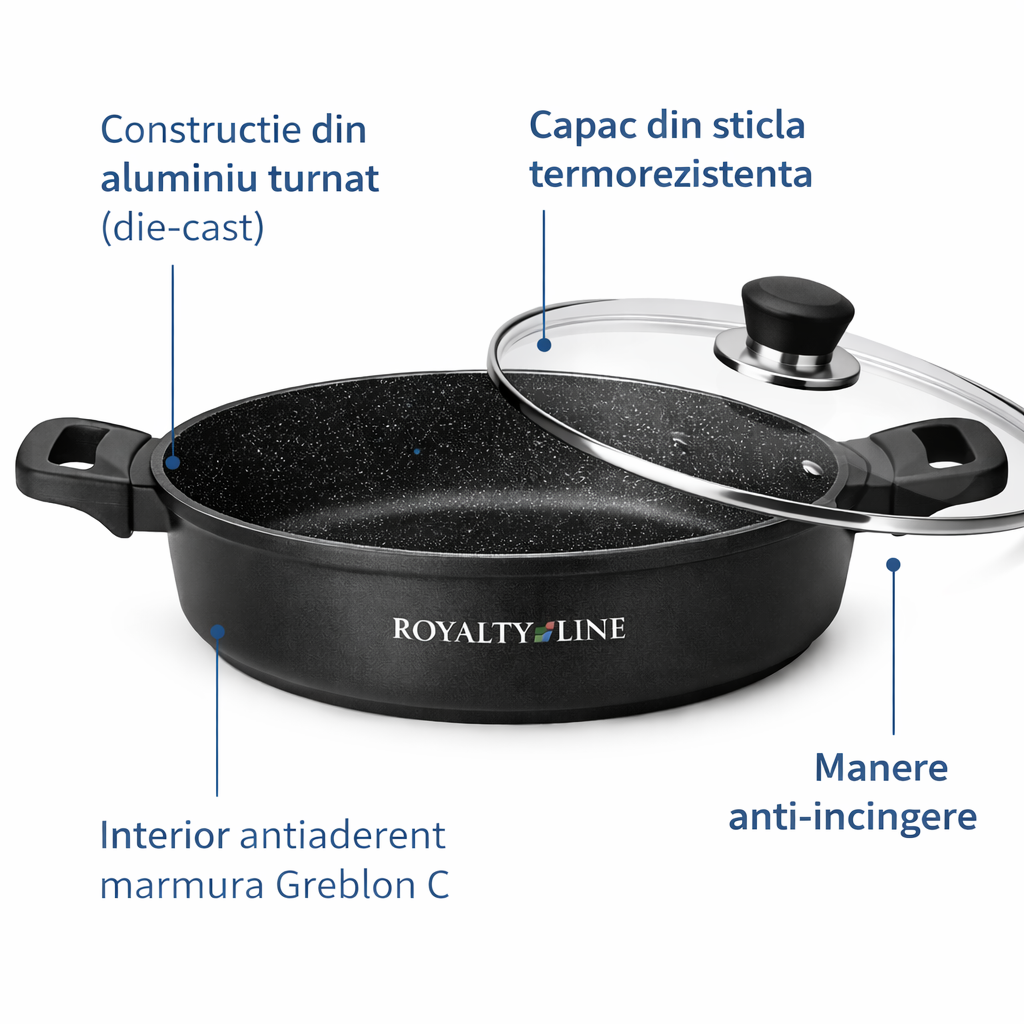 Oala Joasa din Aluminiu Turnat 30 cm, 4.8L, Capac Sticla, Royalty Line