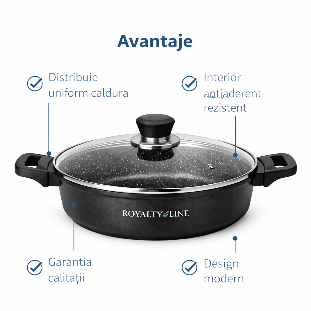 Oala Joasa din Aluminiu Turnat 30 cm, 4.8L, Capac Sticla, Royalty Line