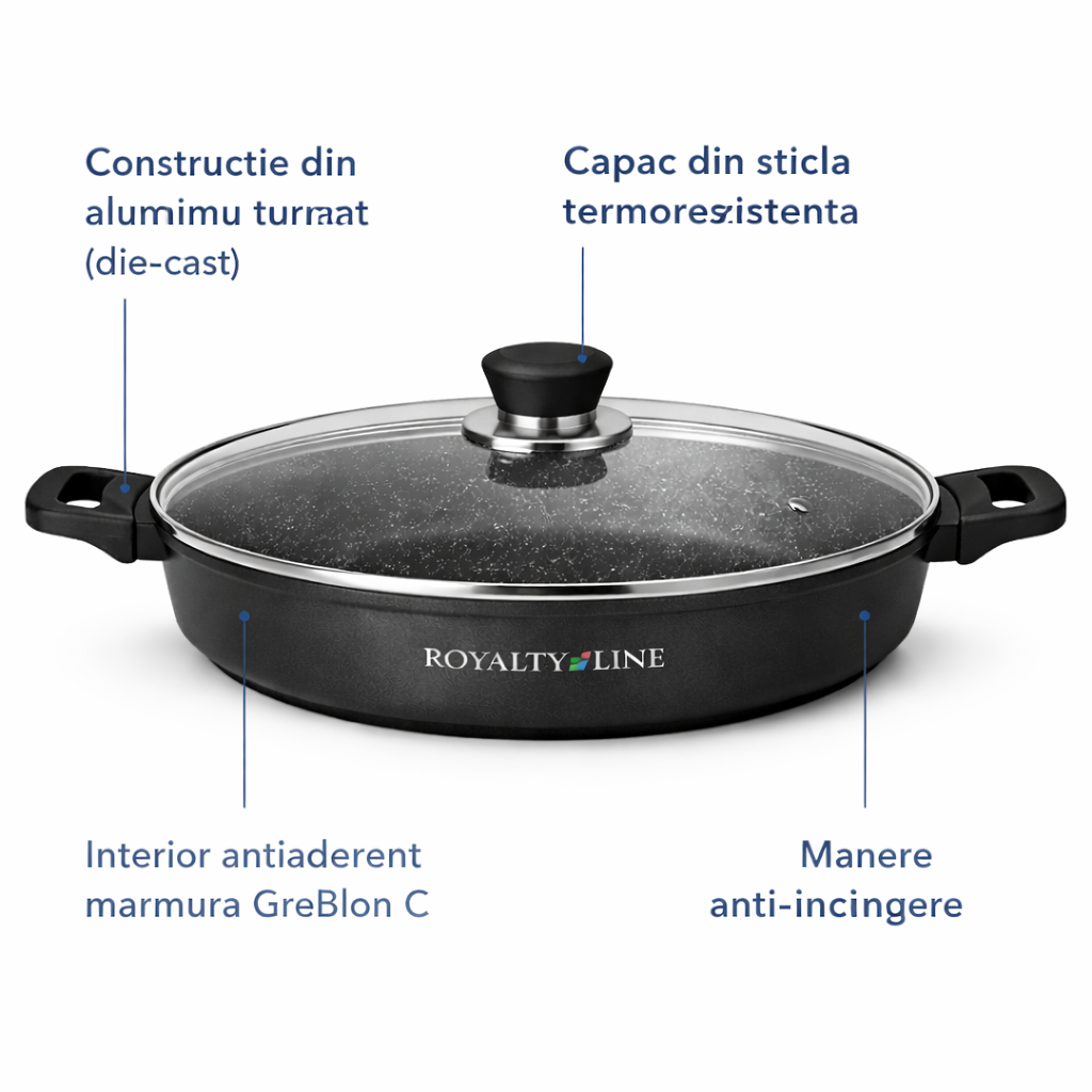 Oala Joasa din Aluminiu Turnat 34 cm, 7L, Capac Sticla, Royalty Line