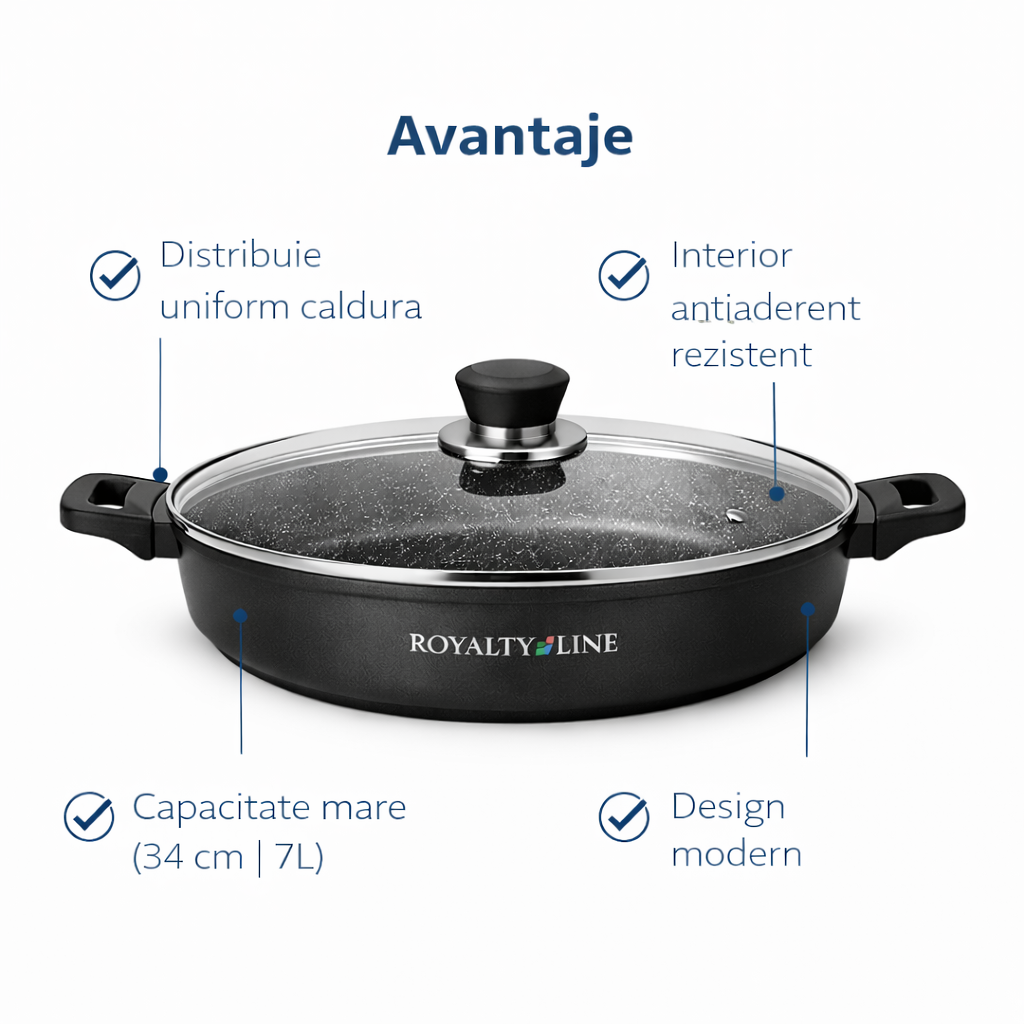Oala Joasa din Aluminiu Turnat 34 cm, 7L, Capac Sticla, Royalty Line