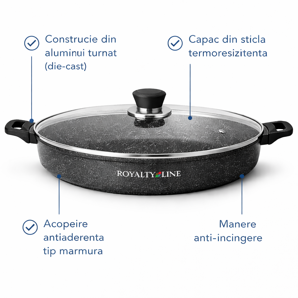Oala Joasa din Aluminiu Turnat 40 cm, 11.3L, Acoperire Marmura, Capac Sticla, Royalty Line
