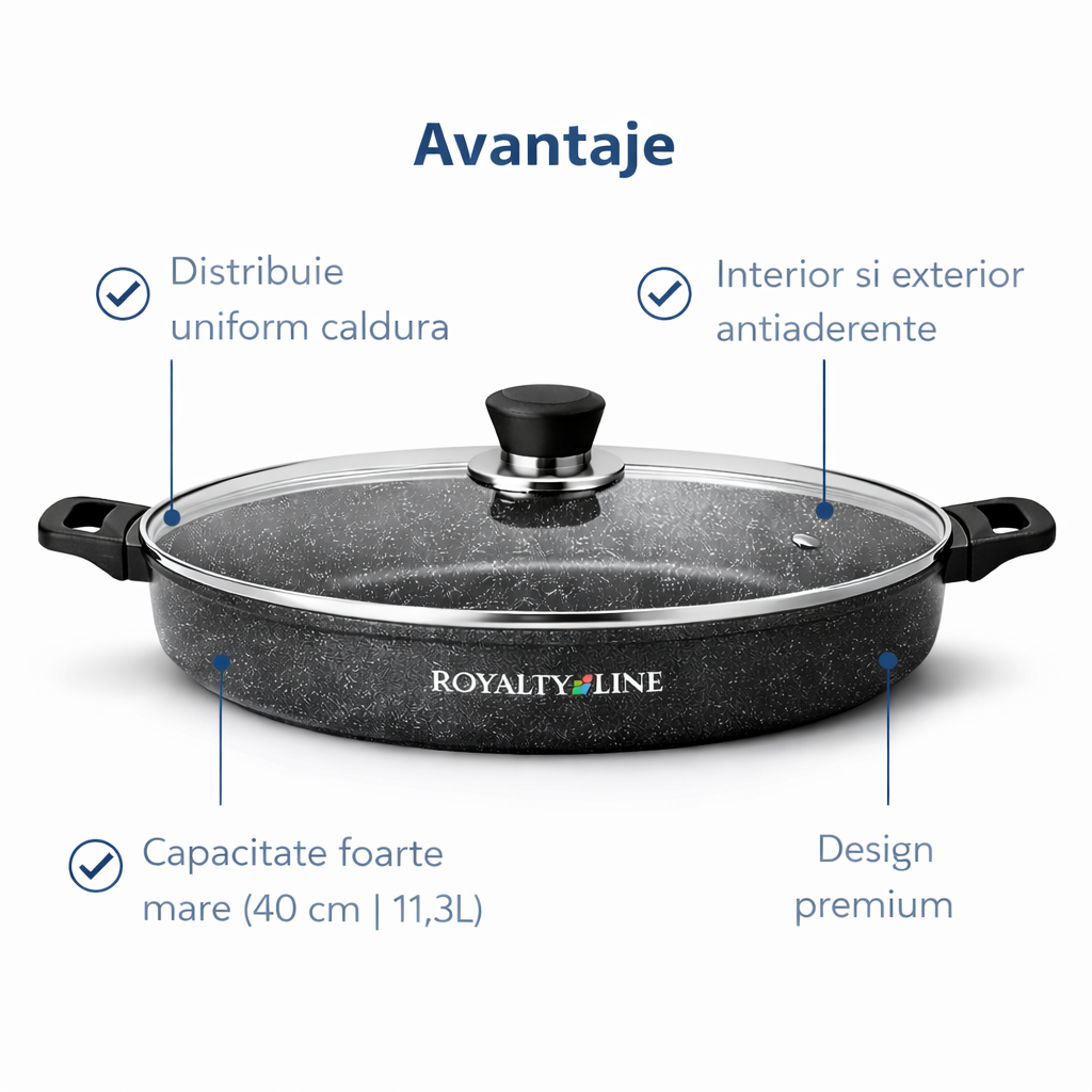 Oala Joasa din Aluminiu Turnat 40 cm, 11.3L, Acoperire Marmura, Capac Sticla, Royalty Line