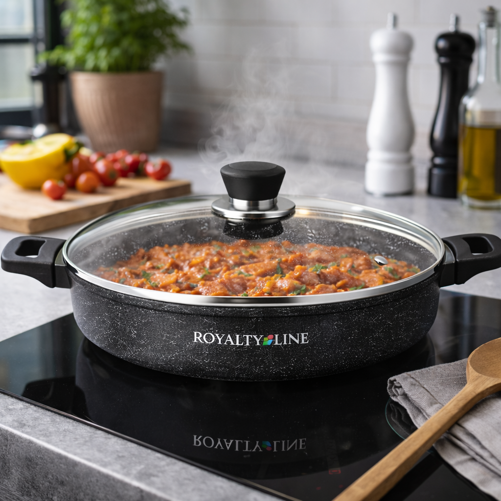 Oala Joasa din Aluminiu Turnat 40 cm, 11.3L, Acoperire Marmura, Capac Sticla, Royalty Line