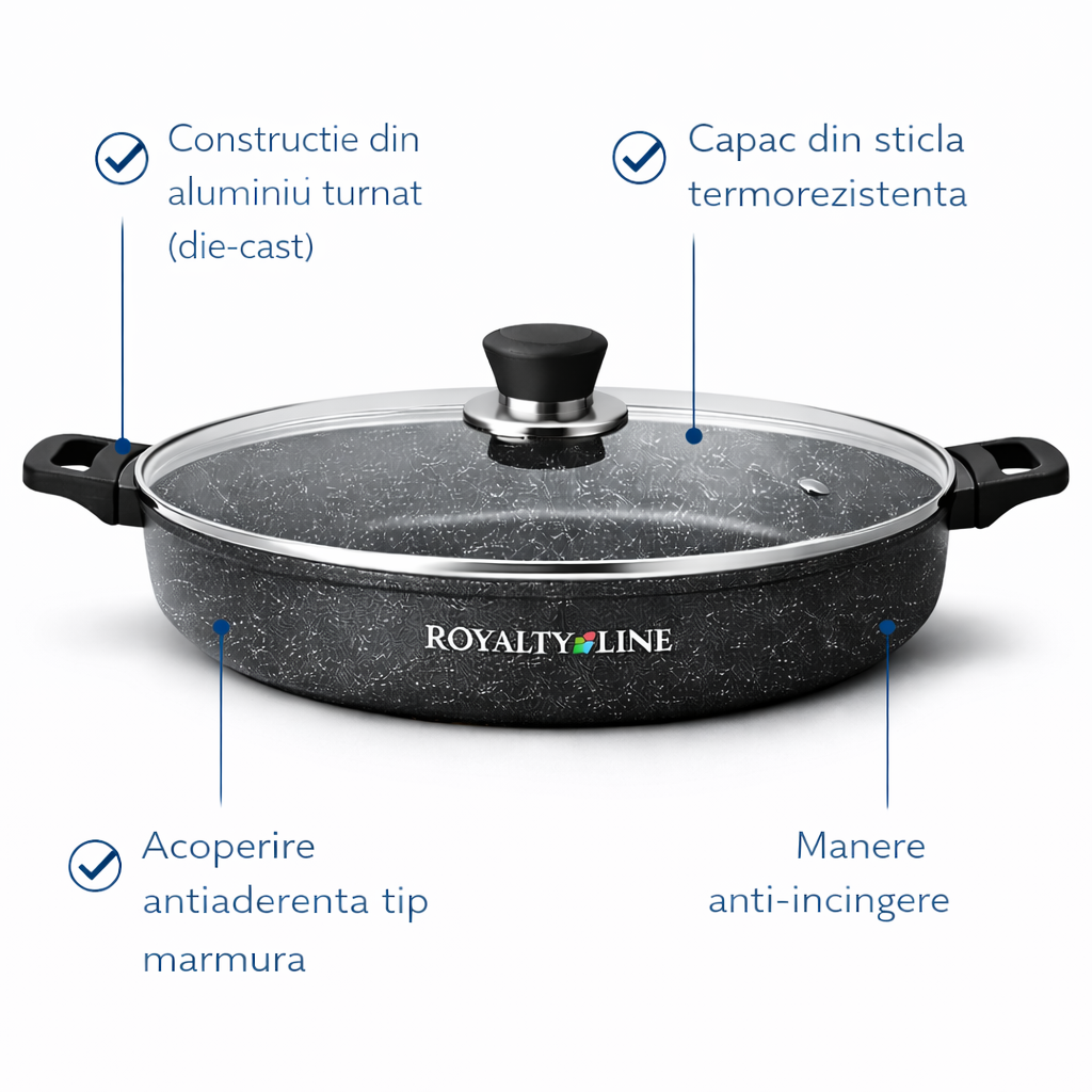 Oala Joasa din Aluminiu Turnat 36 cm, 7L, Acoperire Marmura, Capac Sticla, Royalty Line