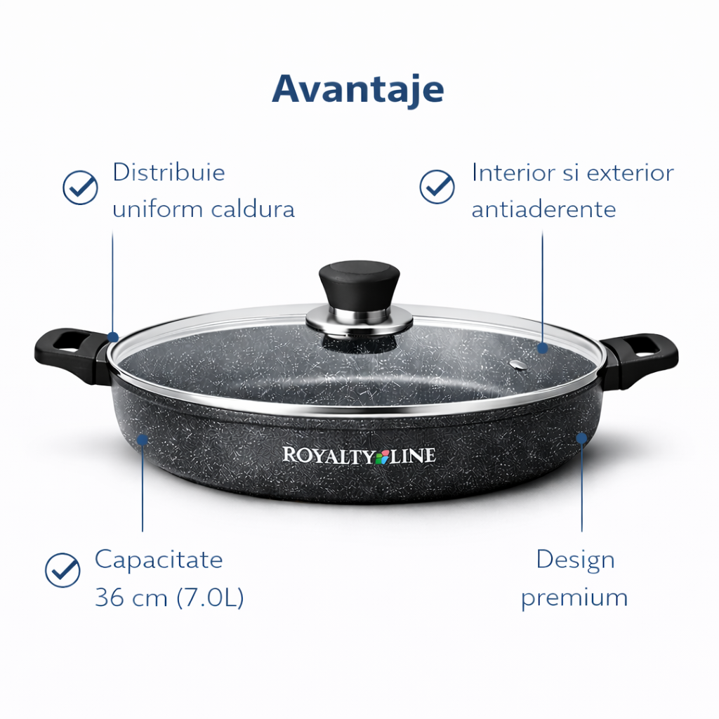 Oala Joasa din Aluminiu Turnat 36 cm, 7L, Acoperire Marmura, Capac Sticla, Royalty Line