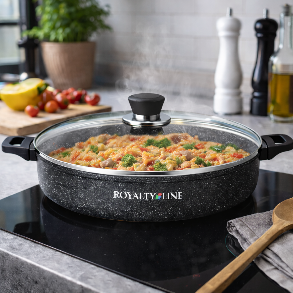 Oala Joasa din Aluminiu Turnat 36 cm, 7L, Acoperire Marmura, Capac Sticla, Royalty Line