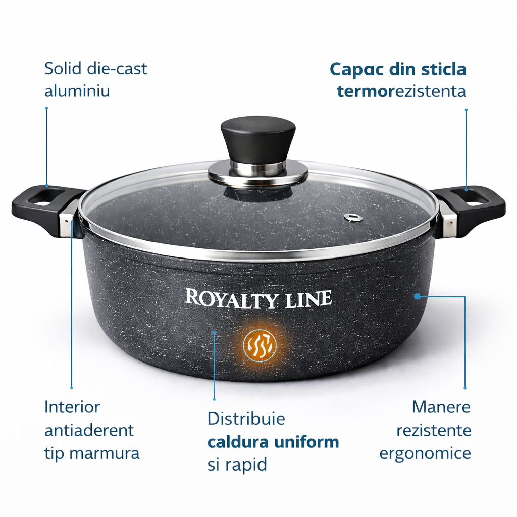Oala din Aluminiu Turnat 24 cm, 3.8L, Capac Sticla, Royalty Line