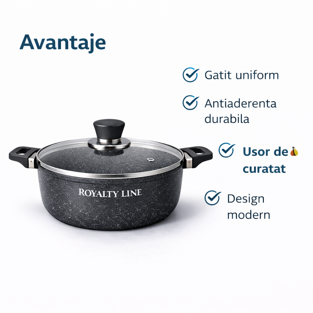 Oala din Aluminiu Turnat 24 cm, 3.8L, Capac Sticla, Royalty Line