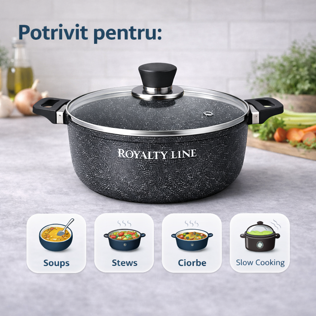 Oala din Aluminiu Turnat 24 cm, 3.8L, Capac Sticla, Royalty Line