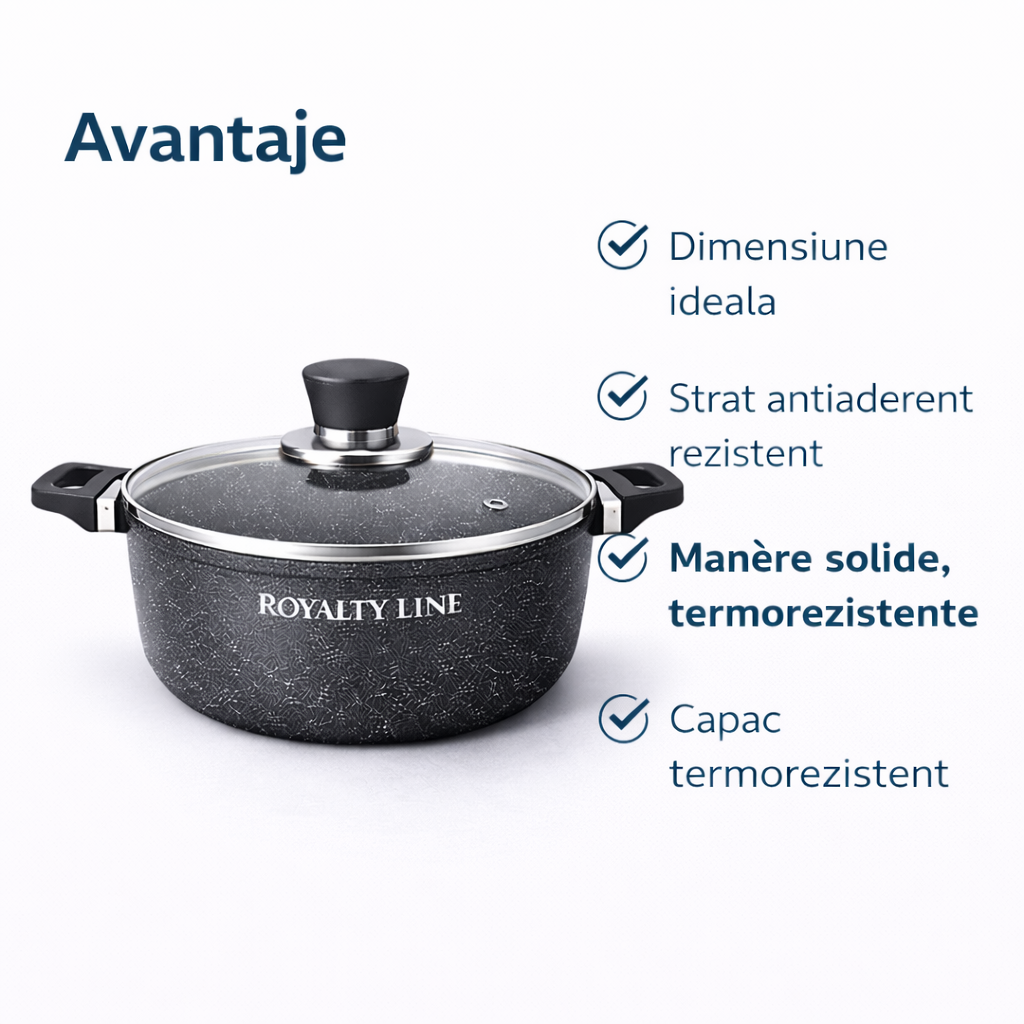 Oala din Aluminiu Turnat 20 cm, 2.5L, Capac Sticla, Royalty Line