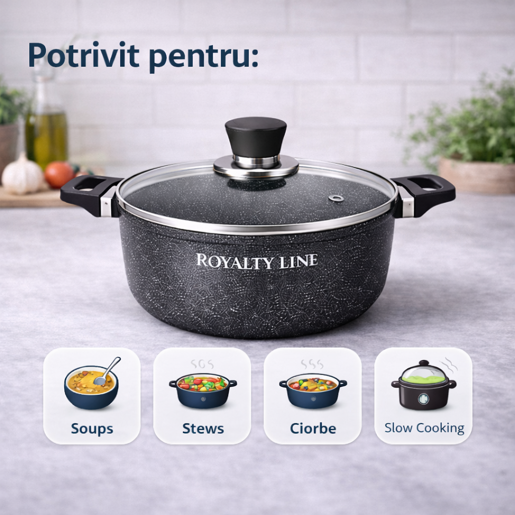 Oala din Aluminiu Turnat 20 cm, 2.5L, Capac Sticla, Royalty Line