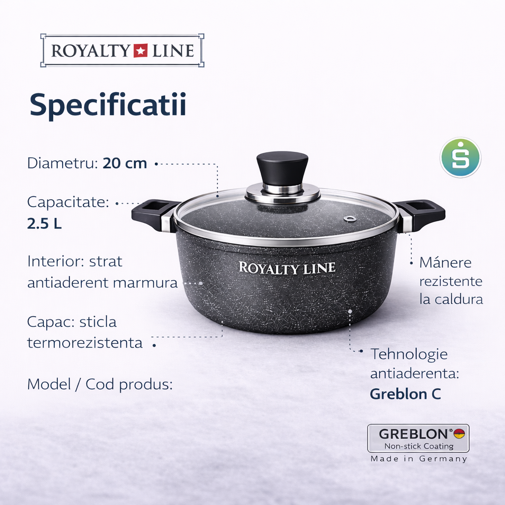 Oala din Aluminiu Turnat 20 cm, 2.5L, Capac Sticla, Royalty Line