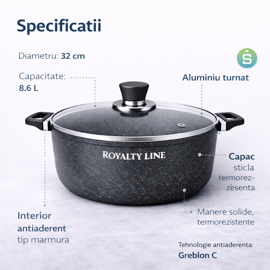 Oala Aluminiu Turnat 8.6L, 32 cm, Capac Sticla, Antiaderenta Marmura