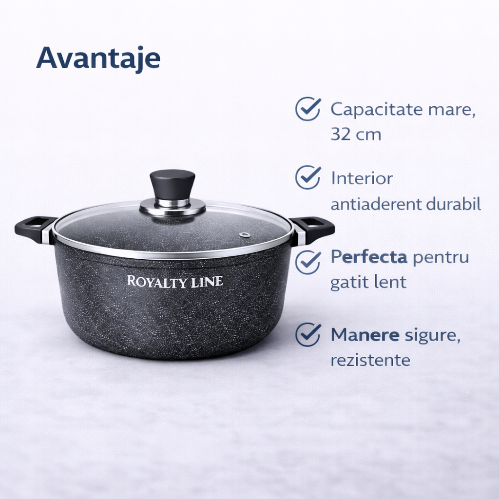 Oala Aluminiu Turnat 8.6L, 32 cm, Capac Sticla, Antiaderenta Marmura