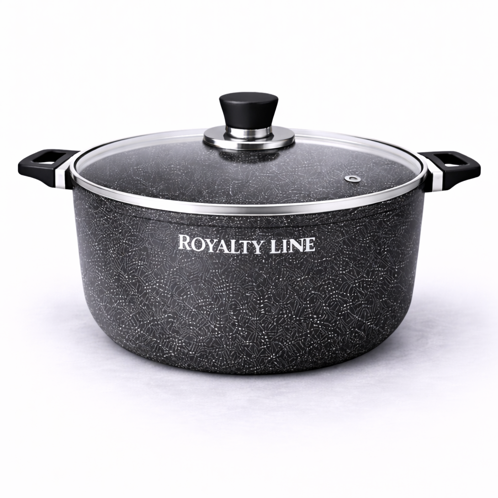 Oala Aluminiu Turnat 9.9L, 34 cm, Capac Sticla, Antiaderenta Marmura