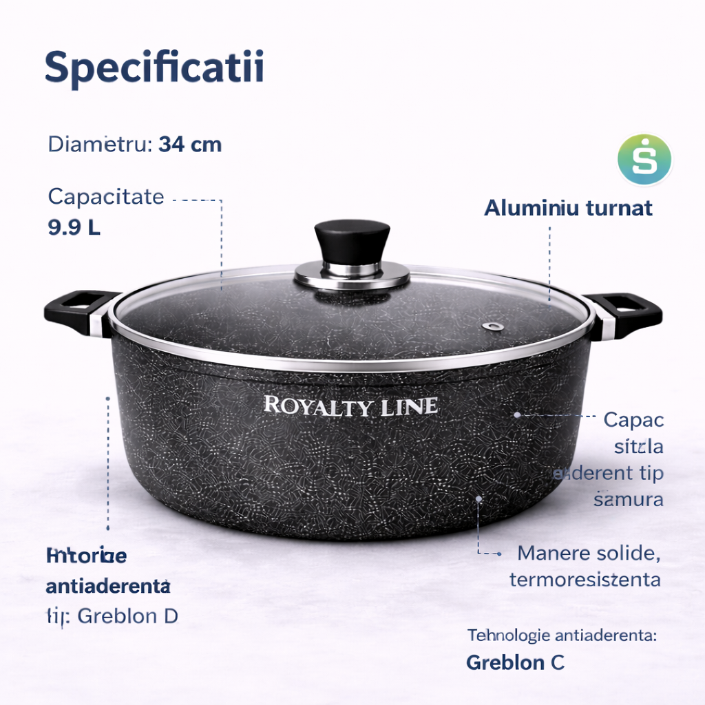 Oala Aluminiu Turnat 9.9L, 34 cm, Capac Sticla, Antiaderenta Marmura