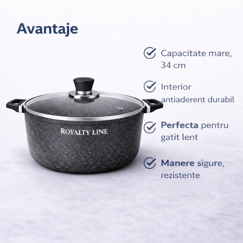 Oala Aluminiu Turnat 9.9L, 34 cm, Capac Sticla, Antiaderenta Marmura