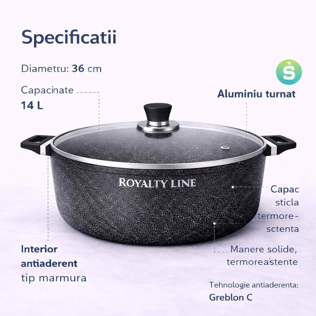 Oala din Aluminiu Turnat 36 cm, 14L, Capac Sticla, Royalty Line