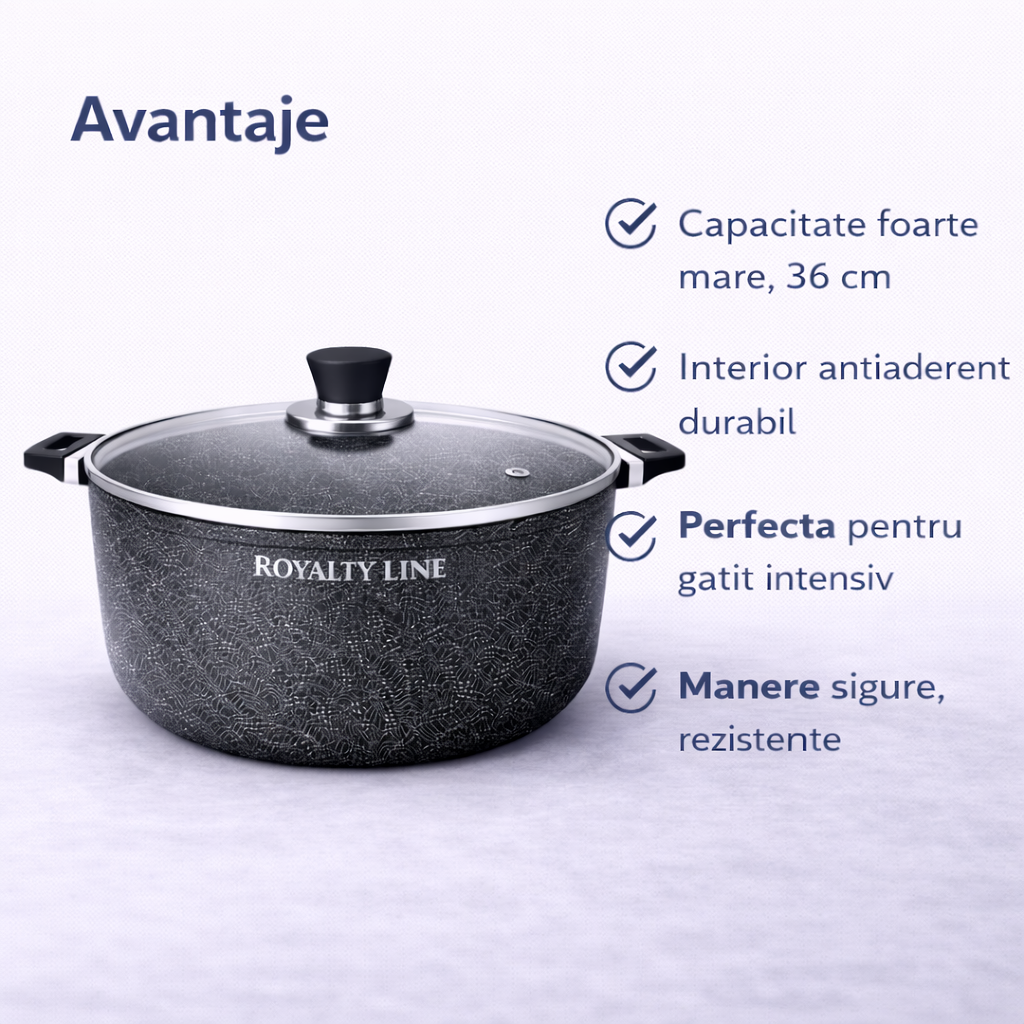 Oala din Aluminiu Turnat 36 cm, 14L, Capac Sticla, Royalty Line