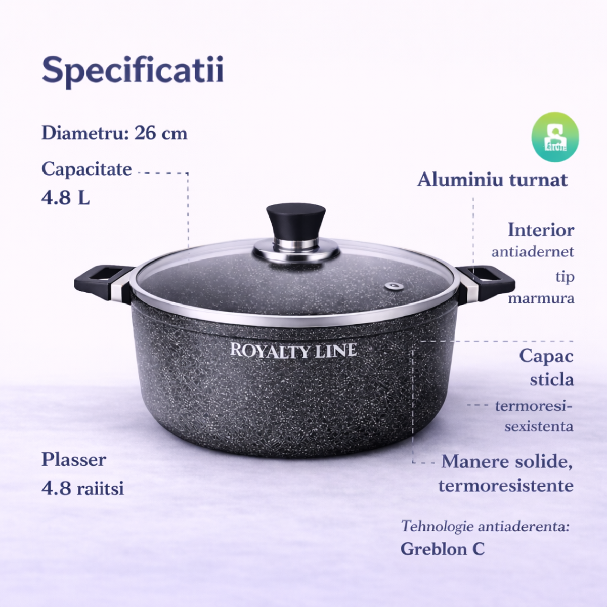 Oala din Aluminiu Turnat 26 cm, 4.8L, Capac Sticla, Royalty Line