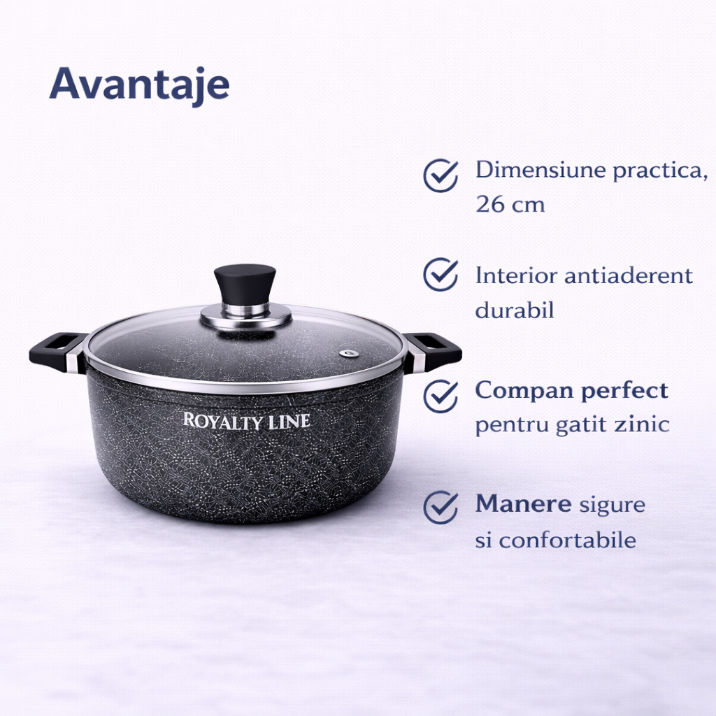 Oala din Aluminiu Turnat 26 cm, 4.8L, Capac Sticla, Royalty Line
