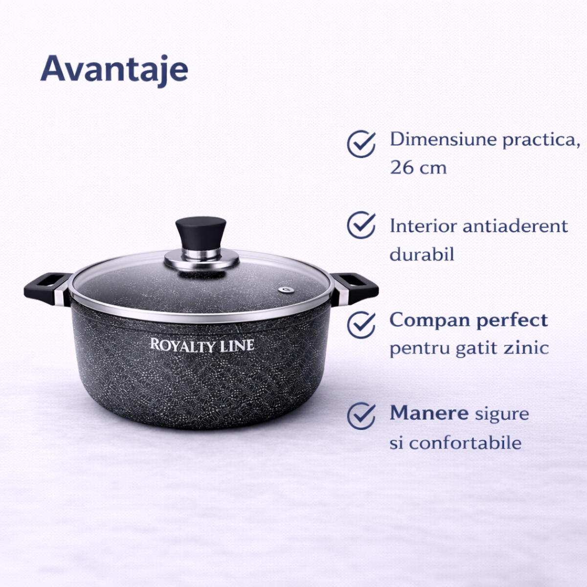 Oala din Aluminiu Turnat 26 cm, 4.8L, Capac Sticla, Royalty Line