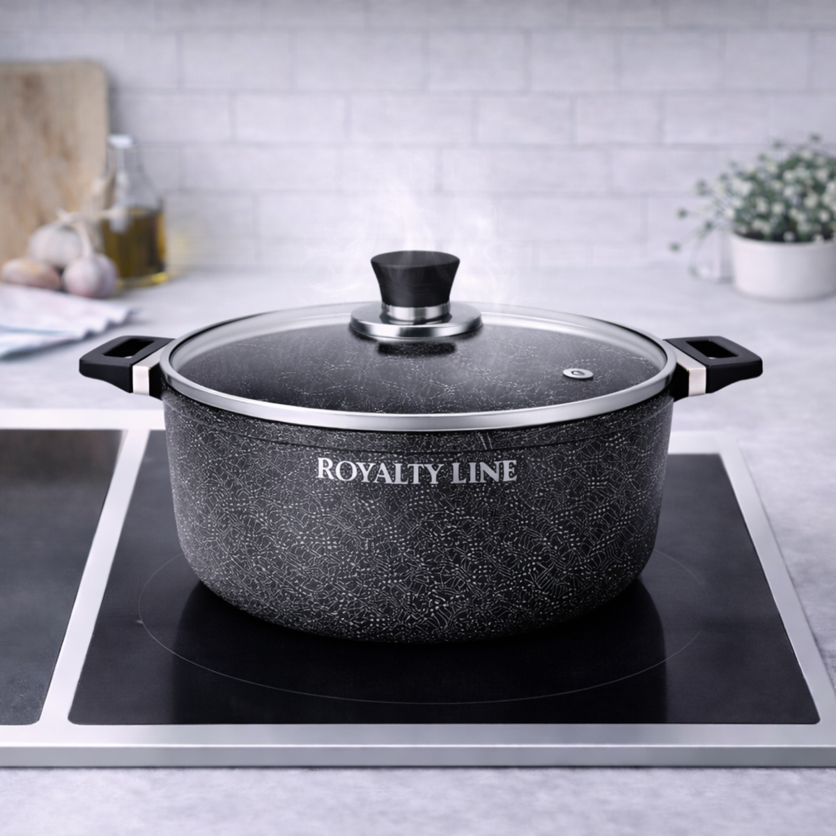 Oala din Aluminiu Turnat 26 cm, 4.8L, Capac Sticla, Royalty Line