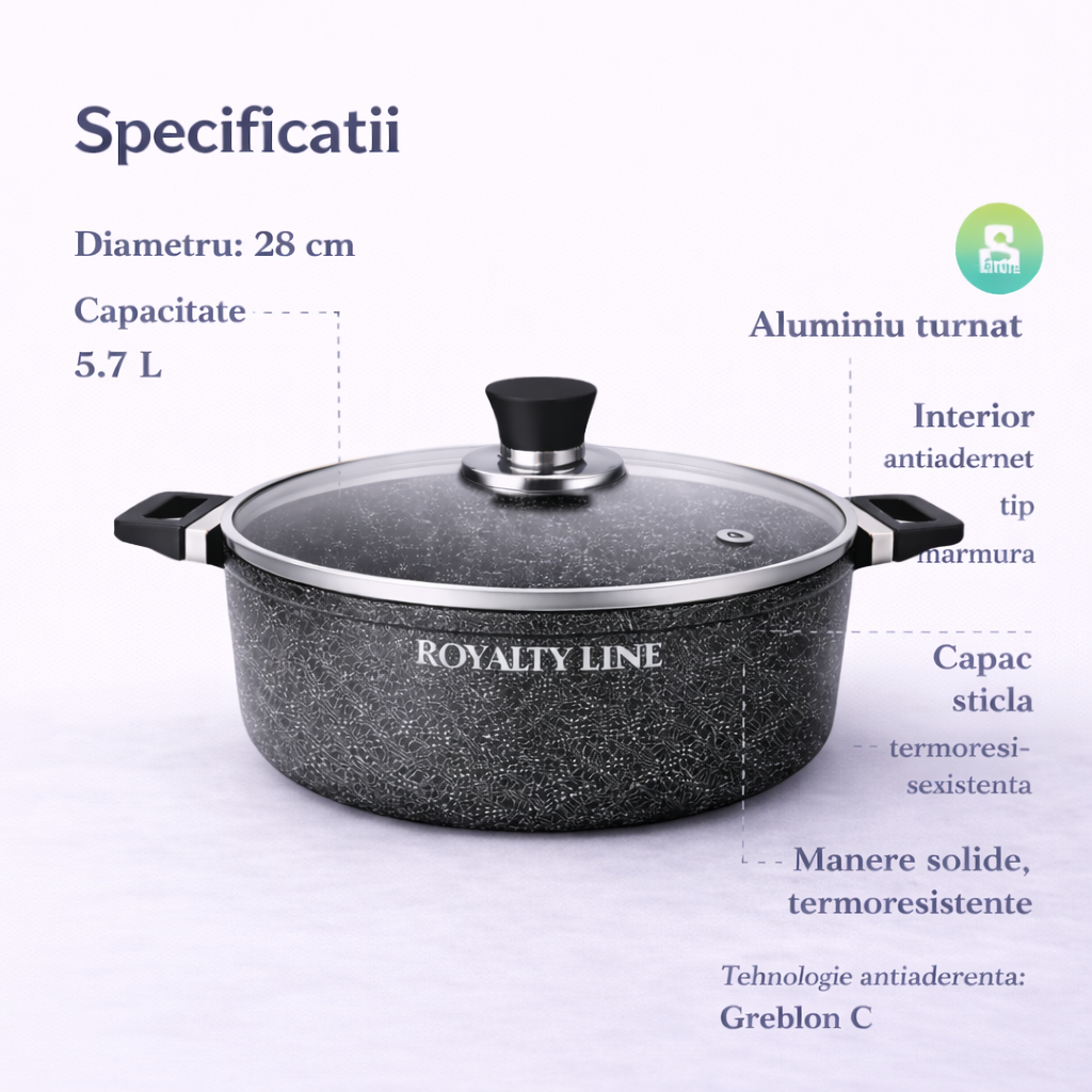 Oala din Aluminiu Turnat 28 cm, 5.7L, Capac Sticla, Royalty Line
