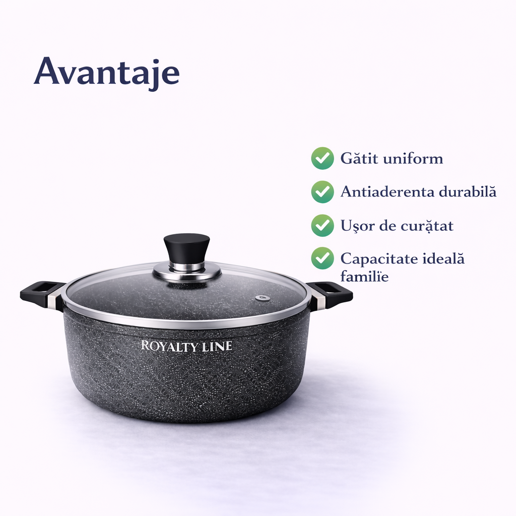 Oala din Aluminiu Turnat 28 cm, 5.7L, Capac Sticla, Royalty Line