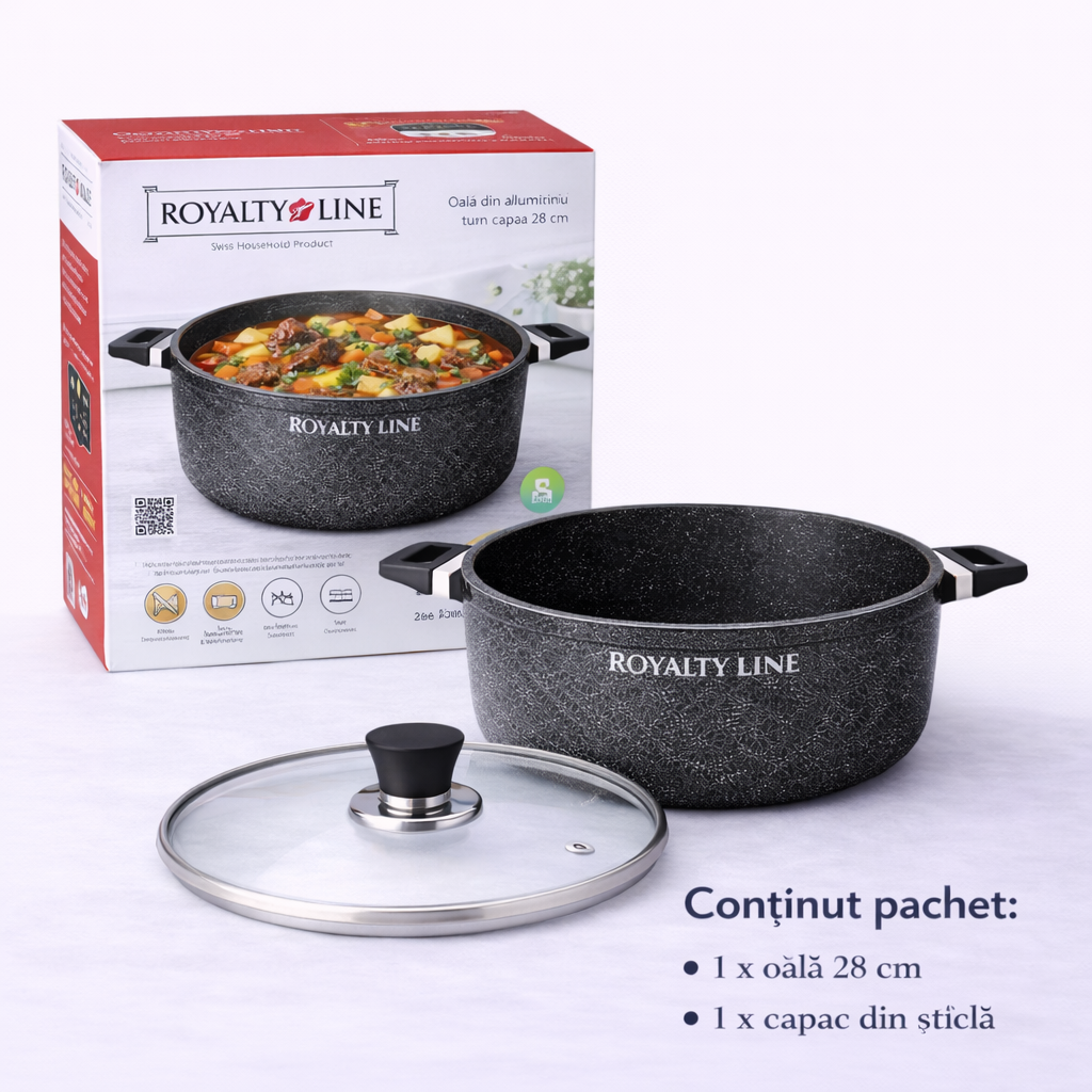 Oala din Aluminiu Turnat 28 cm, 5.7L, Capac Sticla, Royalty Line