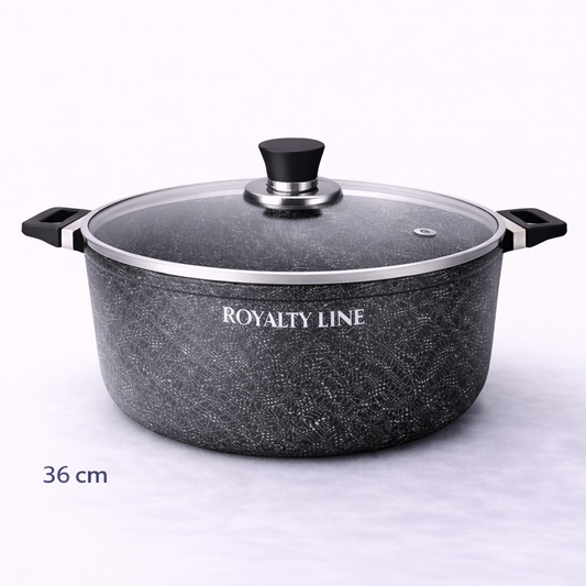 Oala din Aluminiu Turnat 36 cm, 14L, Acoperire Marmura, Capac Sticla, Royalty Line