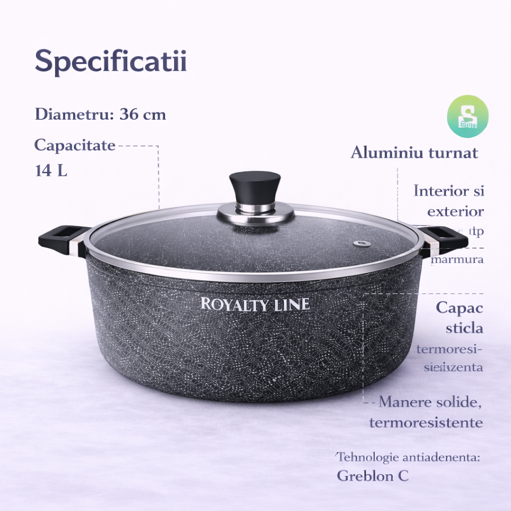 Oala din Aluminiu Turnat 36 cm, 14L, Acoperire Marmura, Capac Sticla, Royalty Line