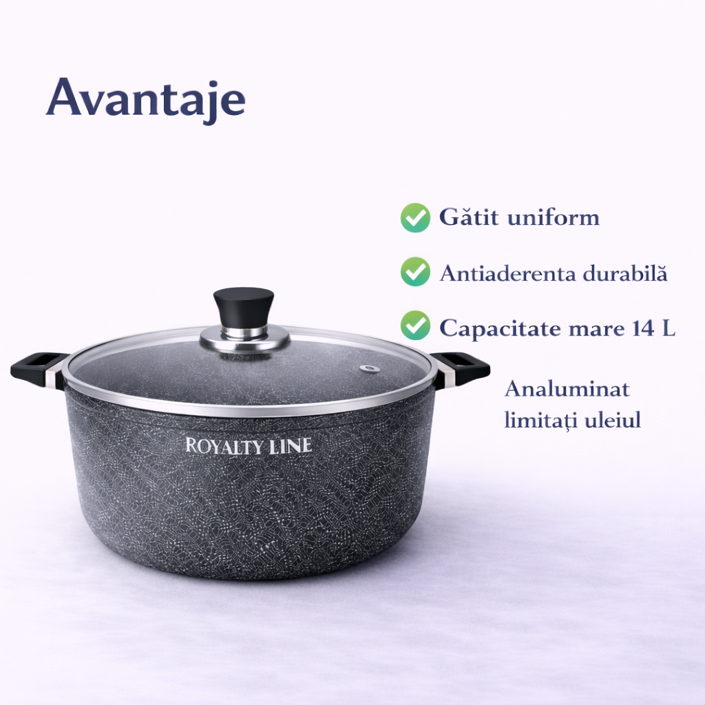 Oala din Aluminiu Turnat 36 cm, 14L, Acoperire Marmura, Capac Sticla, Royalty Line