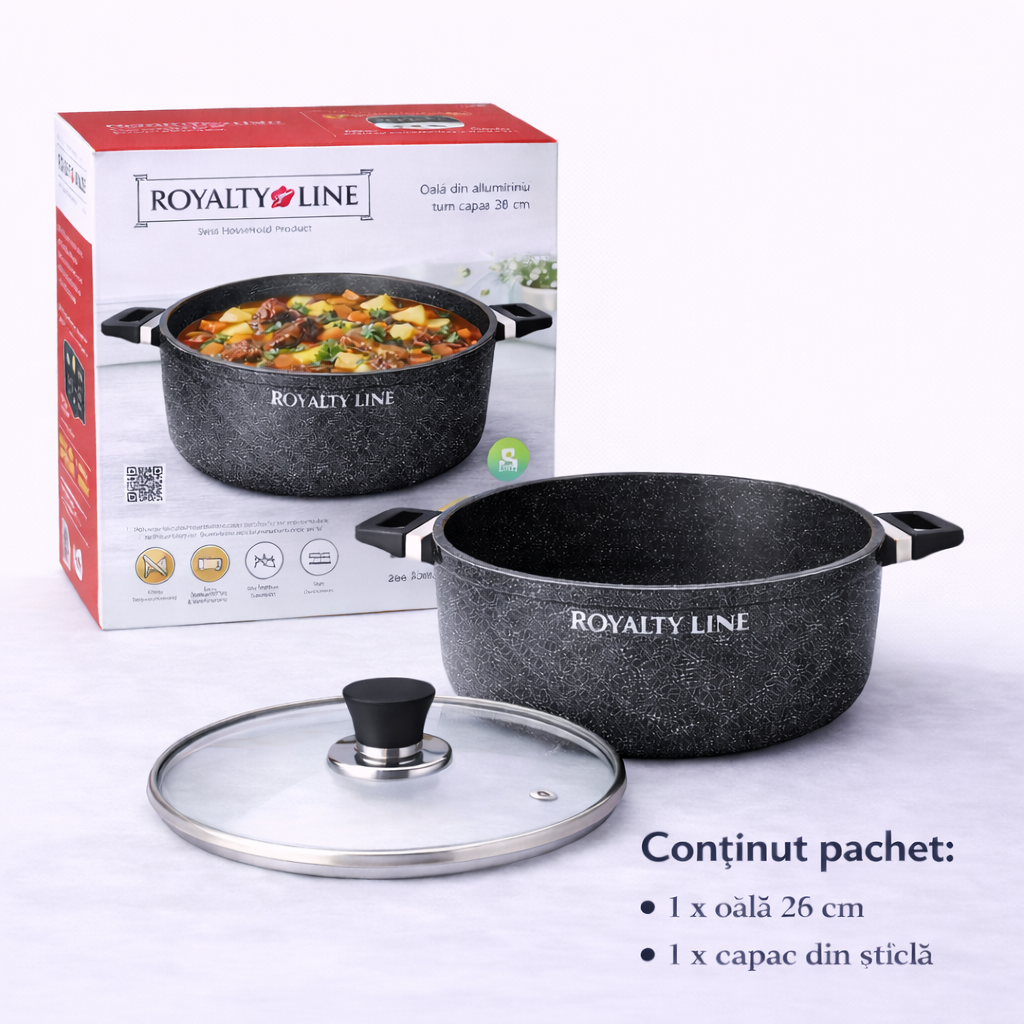 Oala din Aluminiu Turnat 36 cm, 14L, Acoperire Marmura, Capac Sticla, Royalty Line
