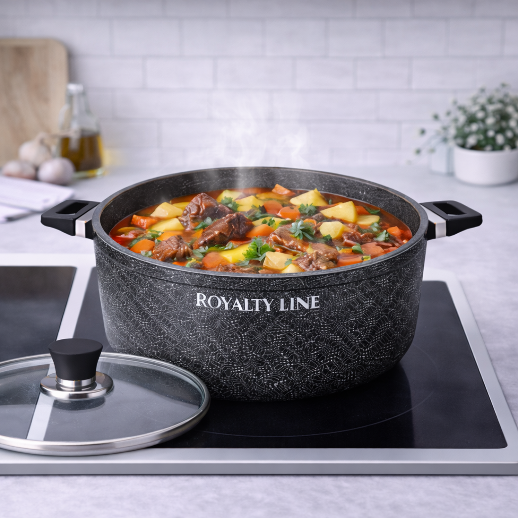 Oala din Aluminiu Turnat 36 cm, 14L, Acoperire Marmura, Capac Sticla, Royalty Line