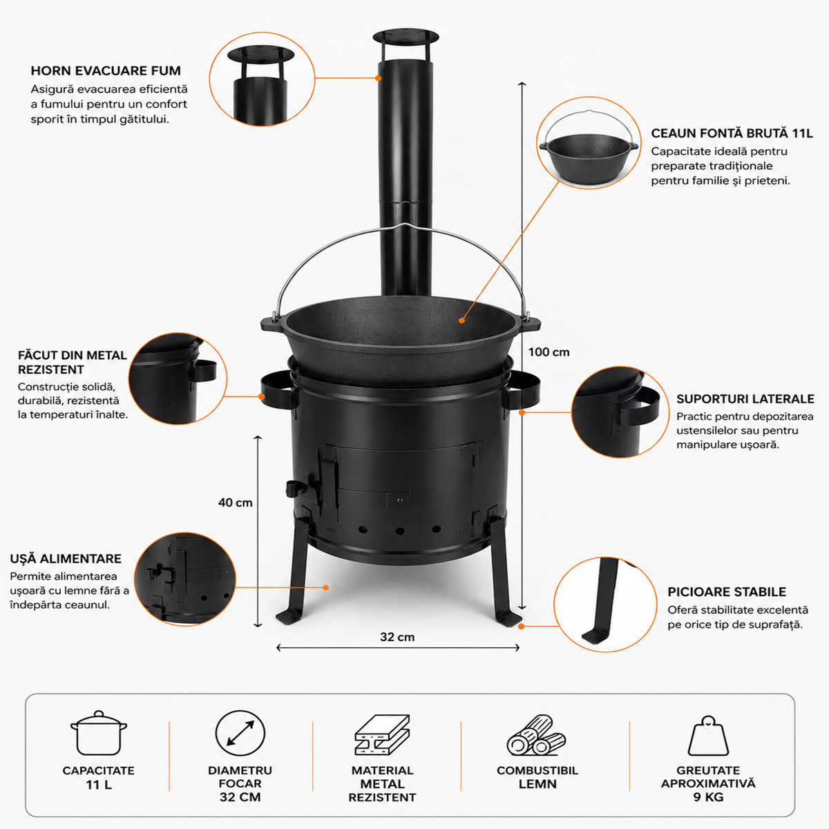 Set Ceaun Fonta Bruta 11L cu Focar si Horn pentru Gatit Traditional