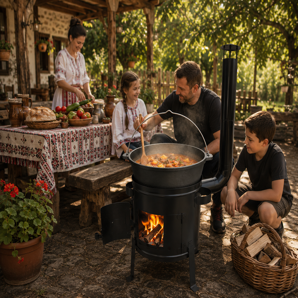 Set Ceaun Fonta Bruta 11L cu Focar si Horn pentru Gatit Traditional