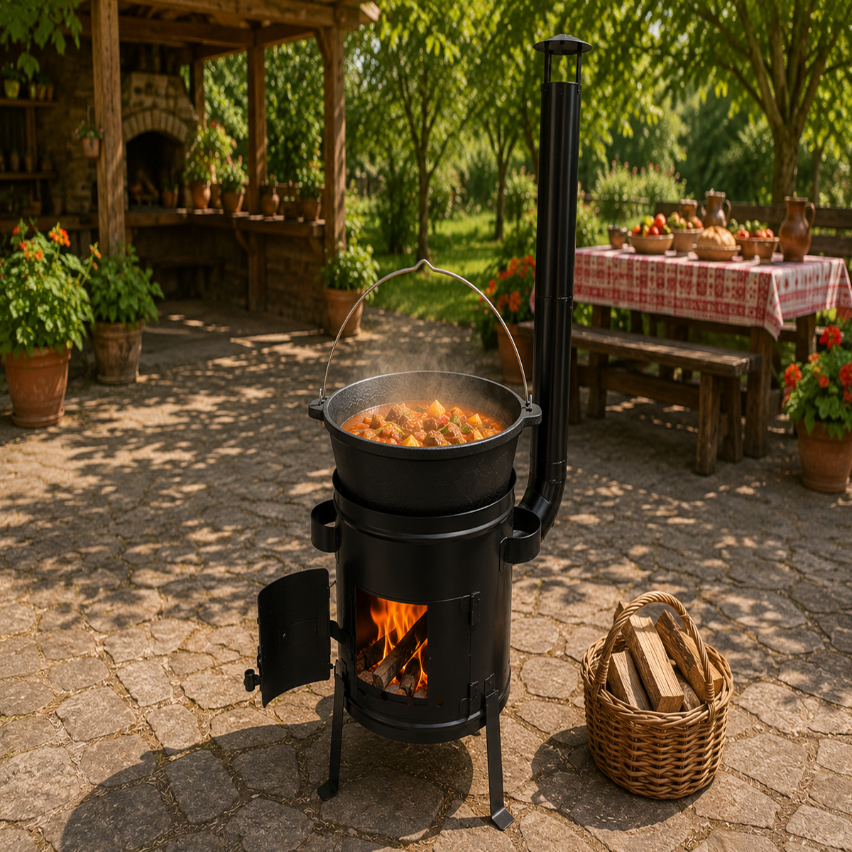 Set Ceaun Fonta Bruta 11L cu Focar si Horn pentru Gatit Traditional