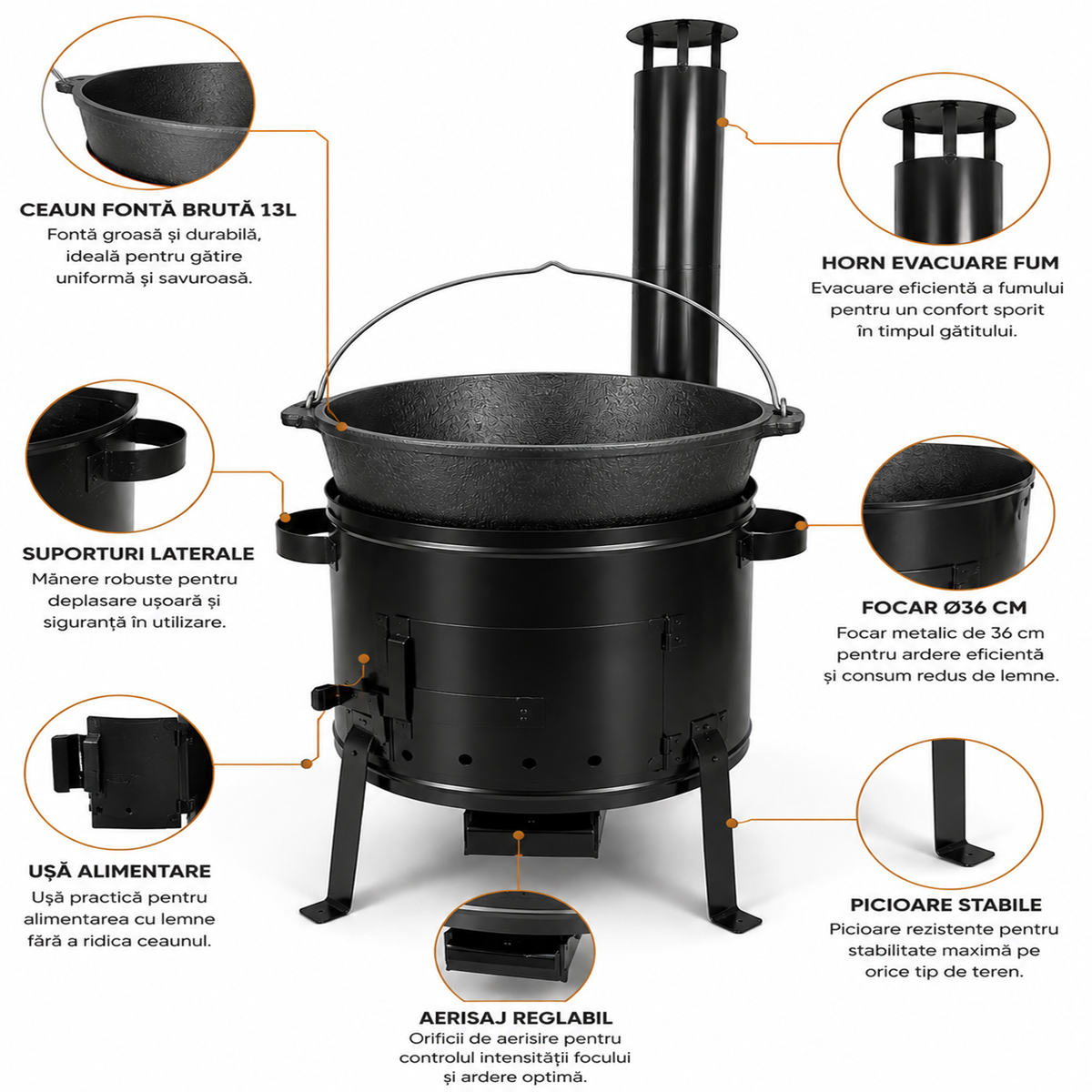 Set Ceaun Fonta Bruta 13L cu Focar 36 cm si Horn pentru Gatit Traditional