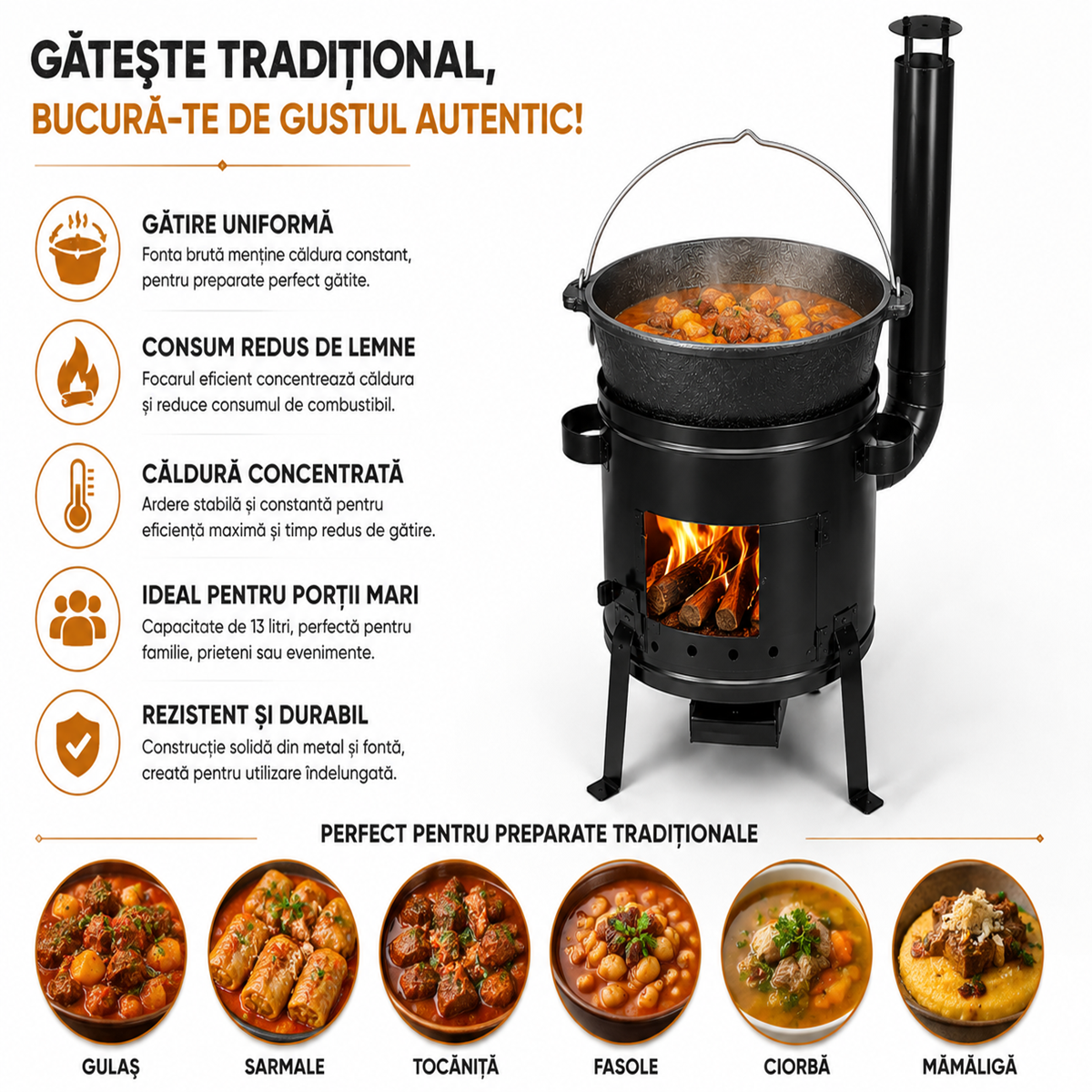 Set Ceaun Fonta Bruta 13L cu Focar 36 cm si Horn pentru Gatit Traditional