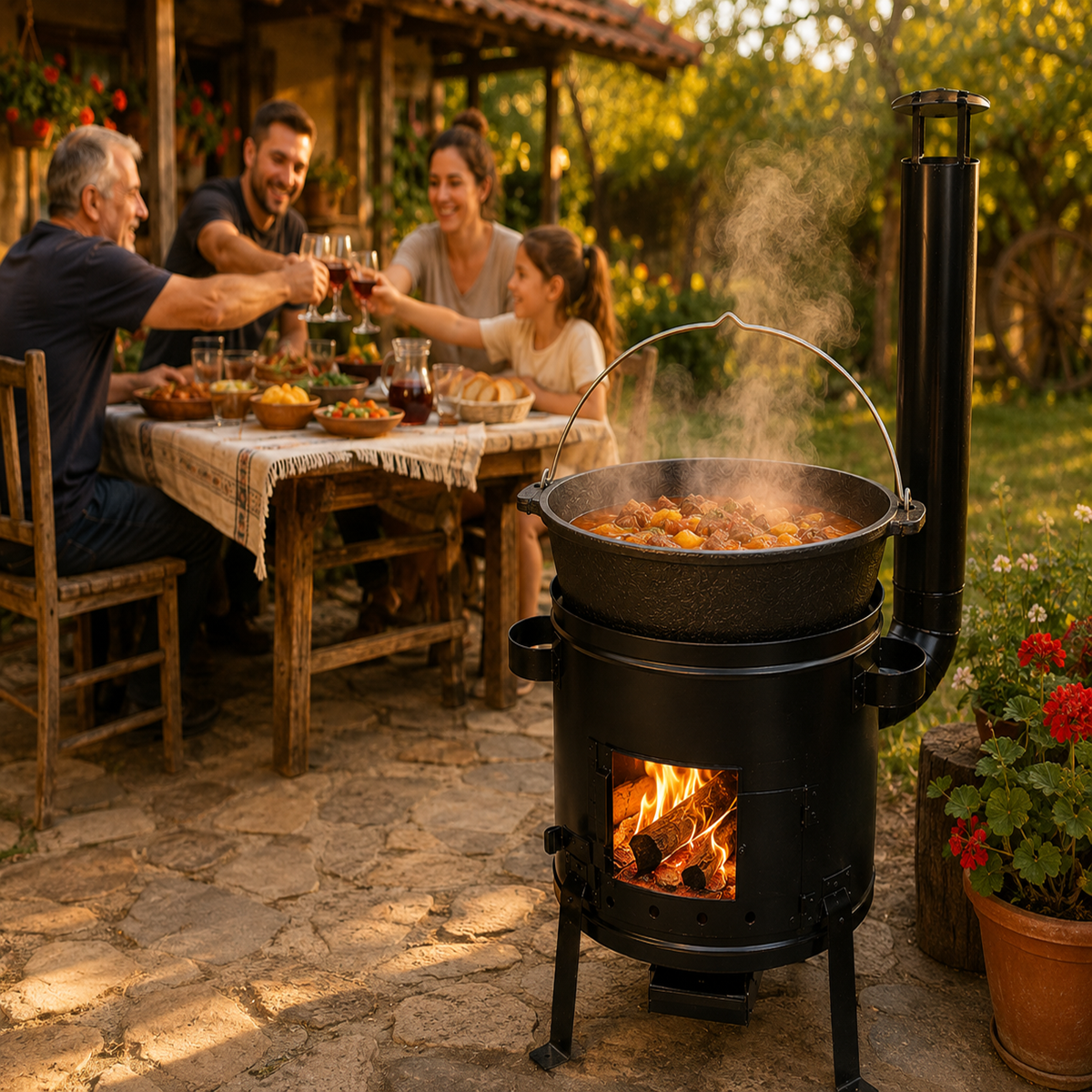 Set Ceaun Fonta Bruta 13L cu Focar 36 cm si Horn pentru Gatit Traditional