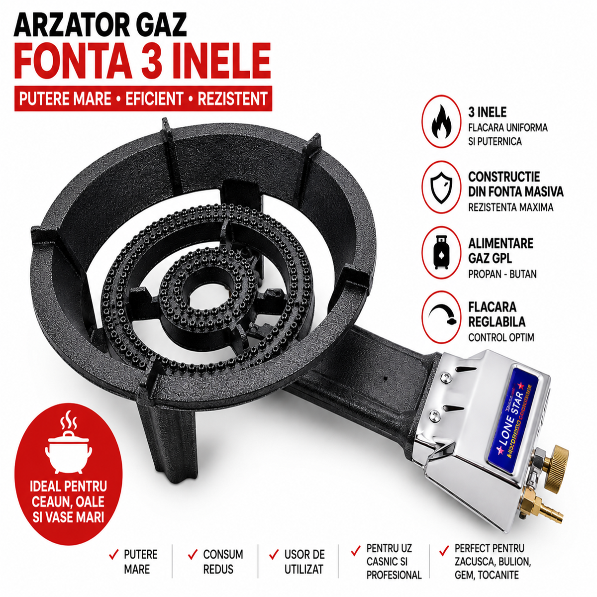 Arzator Gaz Fonta 3 Inele Profesional cu Aprindere pentru Ceaun GPL