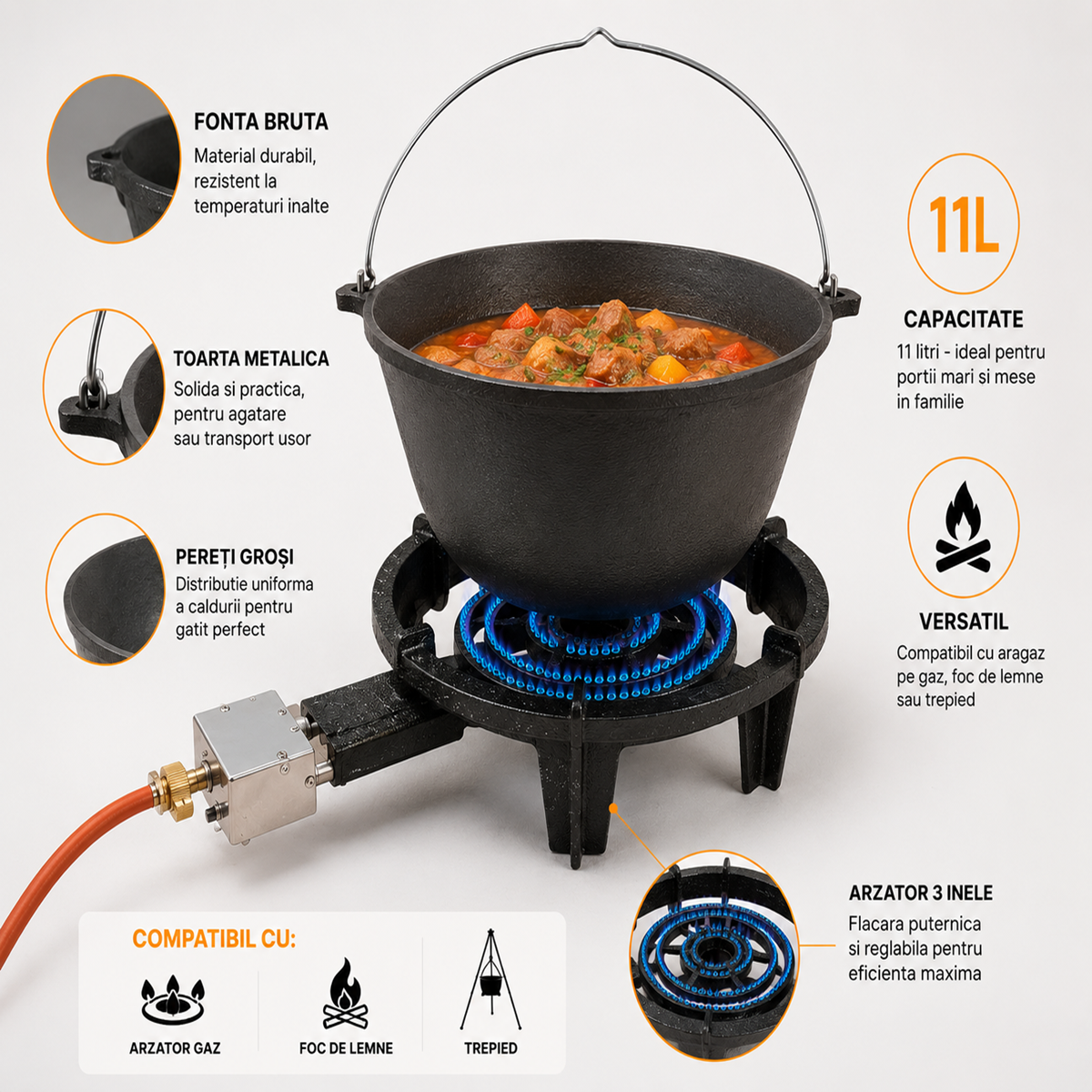 Ceaun Fonta Bruta 11L pentru Gatit Traditional la Foc sau Gaz